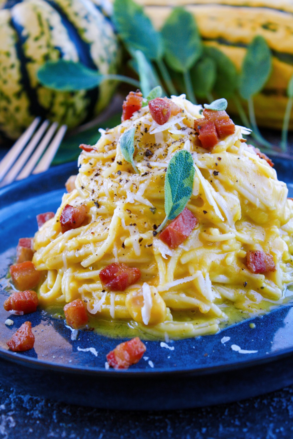 Spaghettini à la citrouille, pancetta et&nbsp;sauge